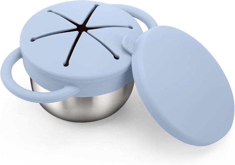 BUSOHA Stainless Steel Toddler Snack Cups - 9 OZ Spill-Proof Baby Snack Containers with Silicone Catcher and Lid Travel Snack Containers for Kids Food Grade Silicone Dishwasher Safe,Blue - Image 1